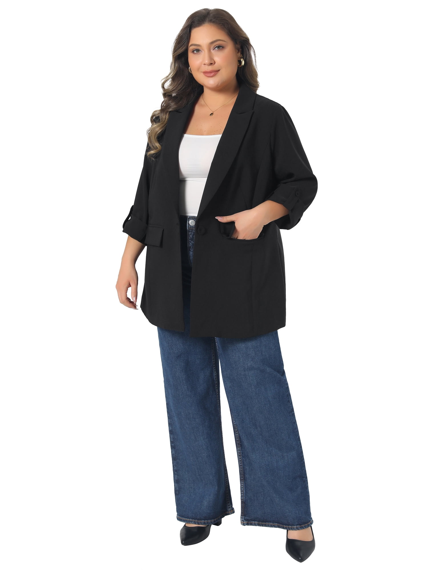 DARING DIVA Women's Plus Blazer Notch Panel Work Business Casual Suit Jacket 3X Black