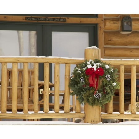 - Canvas Print Christmas Cabin Xmas Decoration Porch Log Wreath Stretched Canvas 10 x 14