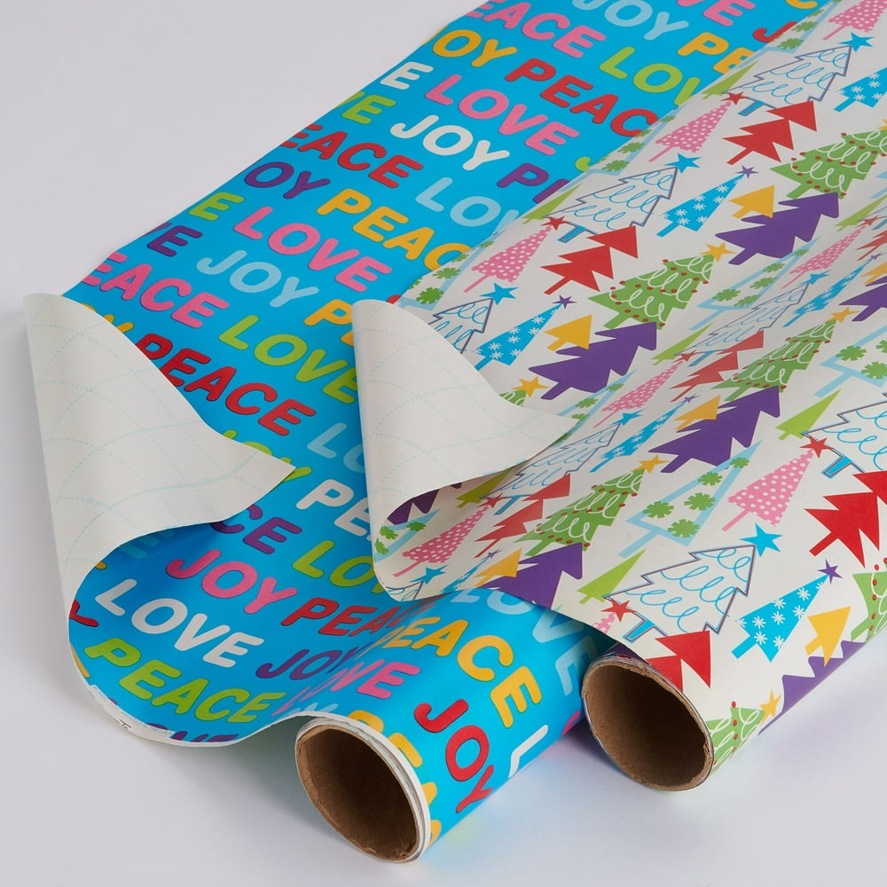 Plusmark Christmas Trees and Joy and Peace Lettering Wrapping Paper, 2 ...