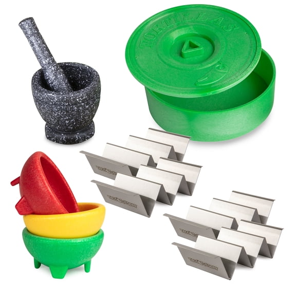 Taco Tuesday Complete Taco Serving Set with Tortilla Warmer, Salsa Bowls, Shell Holders, and Mortar and Pestle - 9-Piece Set - Red, Yellow, and Green