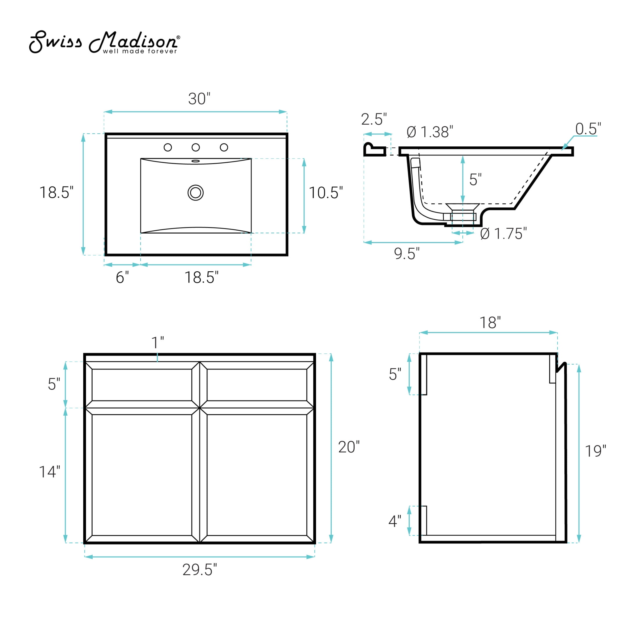 St. Tropez 30" Wall-Mounted Bathroom Vanity in Natural Oak with Black 3-Hole Widespread Sink Top