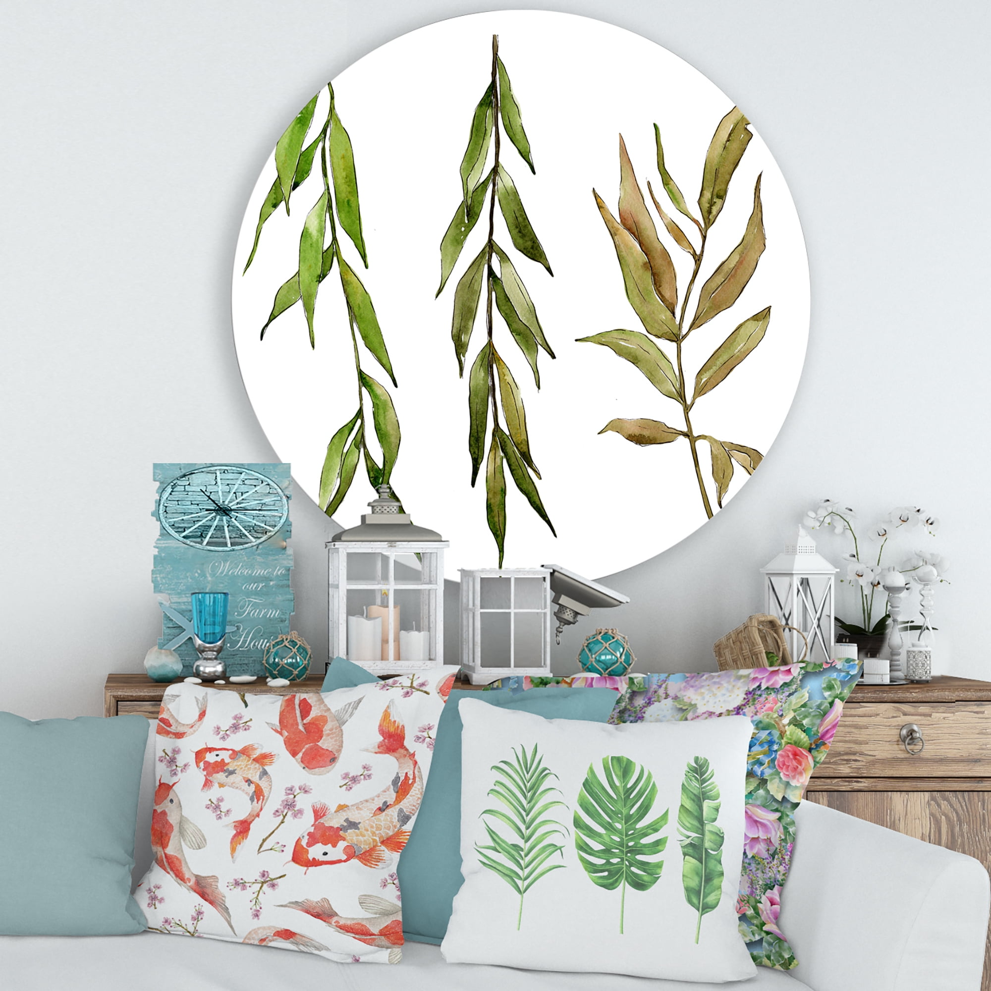 Designart 'Three Willow Branches On White' Farmhouse Circle Metal Wall Art 29x29 - Disc of 29