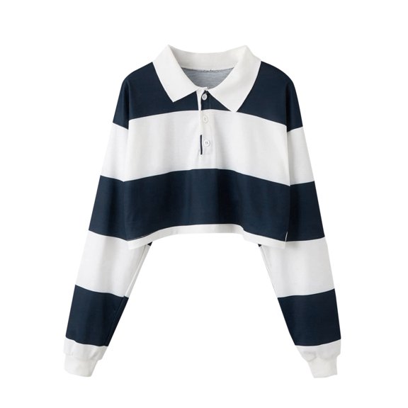 XFLWAM Women Teen Girls Fashion Turn-Down Collar Crop Top Sweatshirt Long Sleeve Color Block Pullover Shirts Blue L