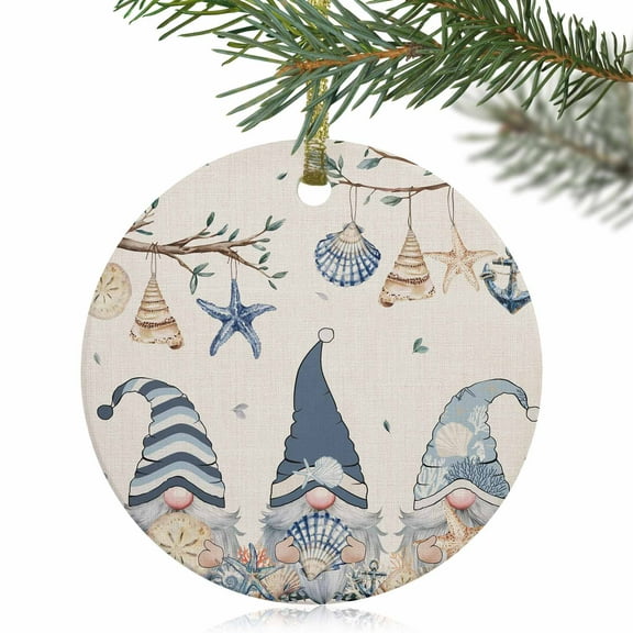 Blue Gnome on Vintage Linen Christmas Ceramic Ornament 2025,3" Round Xmas Tree Hanging Accessories with Gold Ribbon