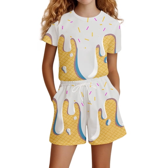 Gaexia Girls Summer Outfits Size 8 Round Neck Print Shorts Outfits Clothes Casual Sport T-Shirt and Shorts Set Two Piece Set Little Girls