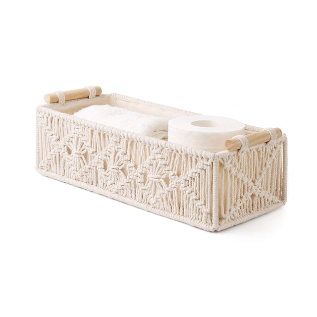 Macrame Storage Baskets, Stylish Home Decor For Bathroom Living Room, Decorative Storage Boxes With Wood Handles, Multipurpose Storage Gift Basket Option (Set Of 2)