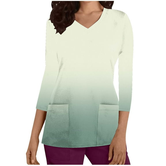 Xfvqtps Scrub Tops for Women Gradient Soft V-Neck 3/4 Sleeve Scrubs Comfortable Nursing Uniforms New Fashion Casual Printed T-shirt Nursing Clothes Top Working Uniforms with Pockets Beige