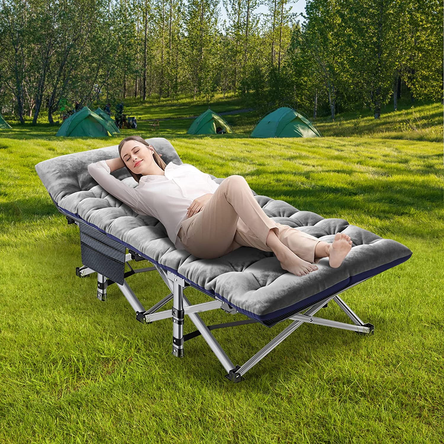 Set of 2 XL Folding Camping Cot with 2 Sided Mattress & Carry Bag