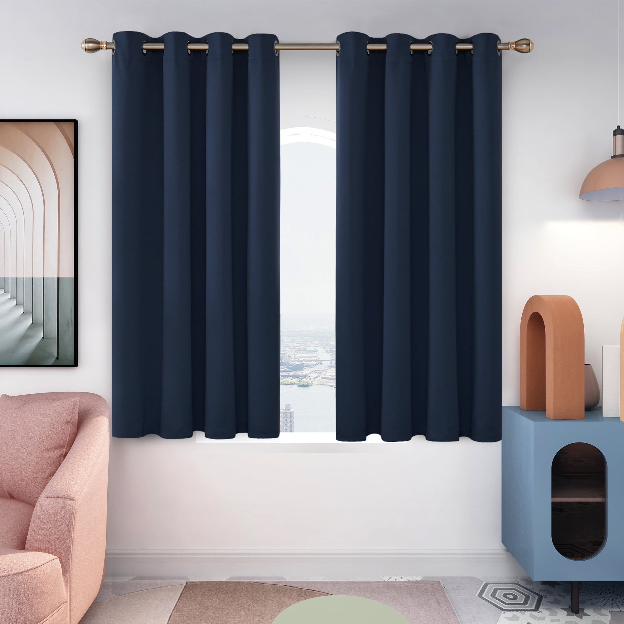 Deconovo Grommet Faux Linen Window Curtains Linen Look Panels Solid Drapes for Kitchen Small Window Navy Blue 52x45 Inch 2 Panels