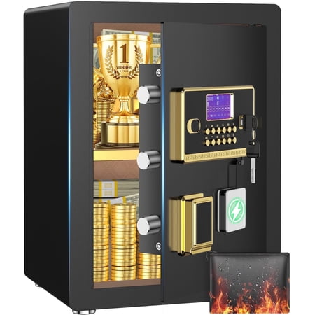Security Safe Box with Fireproof Waterproof Bag Digital Keypad LED Light Alarm Adjustable Shelf for Home Office Hotel Black