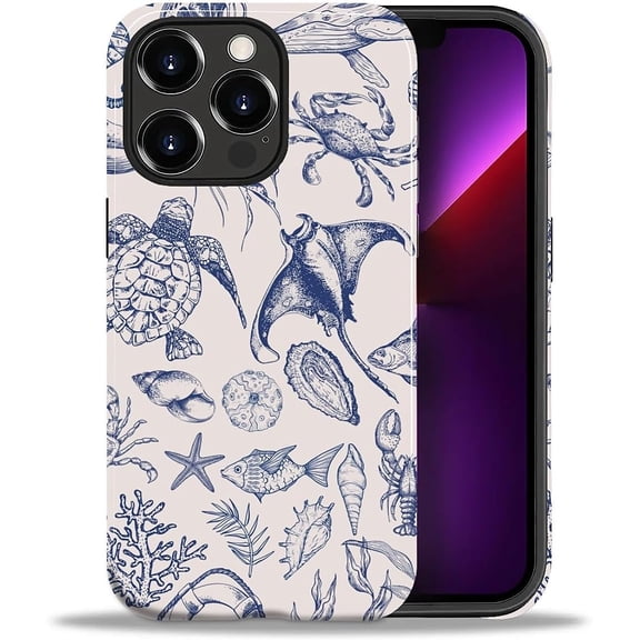 Case for iPhone 13 Pro Max, PC Hard Shell & Silicone Inner Bumper, Anti-Scratch Full-Body Cover Shockproof Slim Design -Sea Animal Beach Rustic Blue