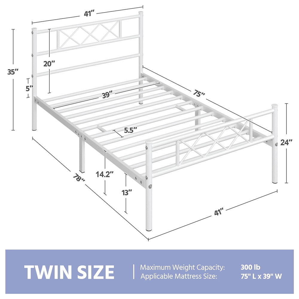 Fullfurnique Simple Metal Platform Bed Frame with Headboard and Footboard, Twin, White