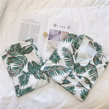 

Women s Two-piece Pajamas Casual Loose Leaf Print Long Sleeve Button Cardigan Tops and Pants Home Service Suit