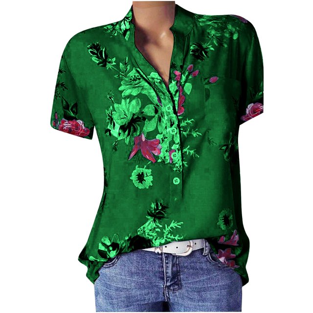 MSJUHEG Hauts pour Femmes Grande Taille Blouse Imprimée avec Poche Manches Courtes Vert m