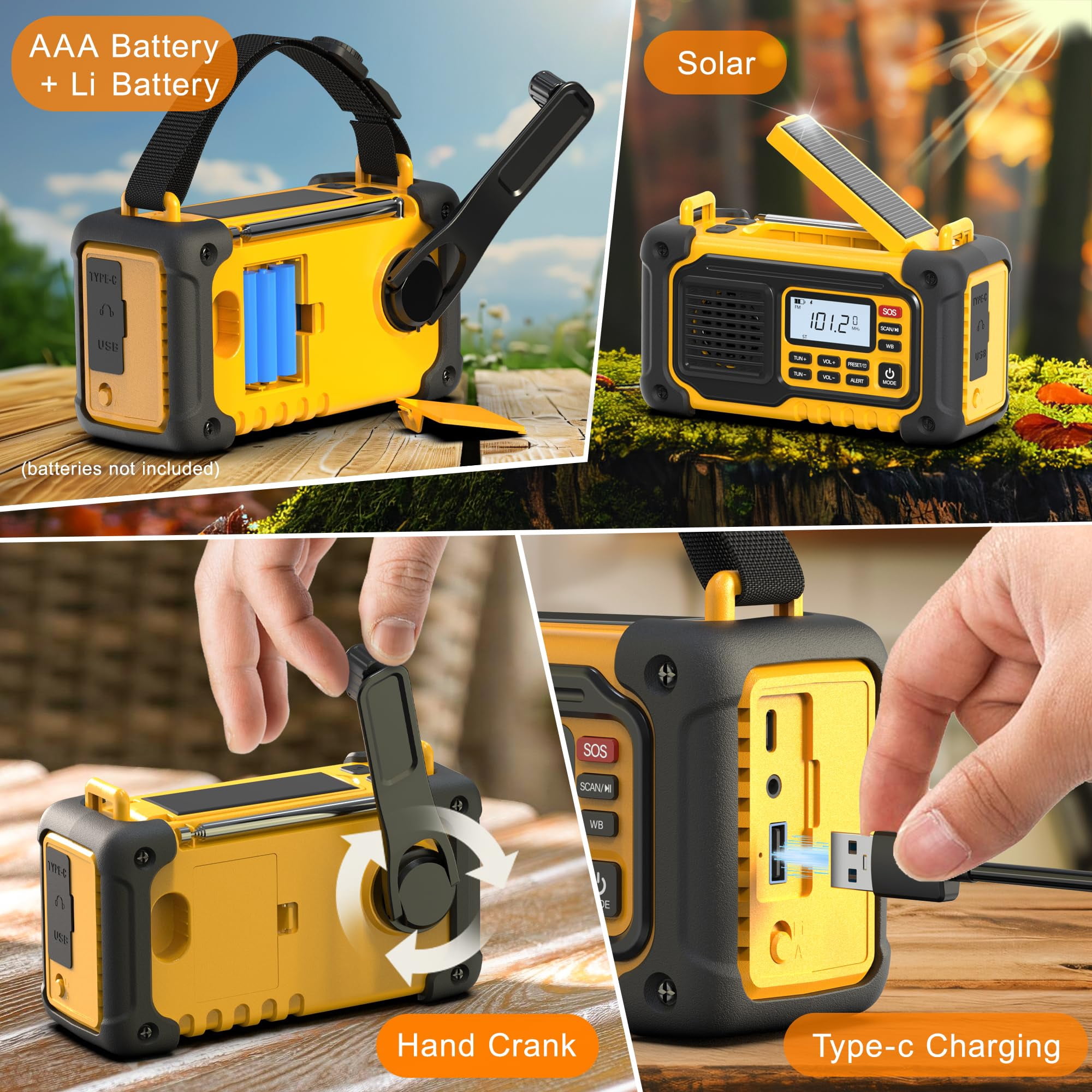 Emergency Weather Radio  Am/fm/sw/noaa Hand Crank With 37000mwh/10000mah Portable Large Capacity Usb/solar/hand Charging Aaa Operated Sos Alarm & Flashlight (yellow)