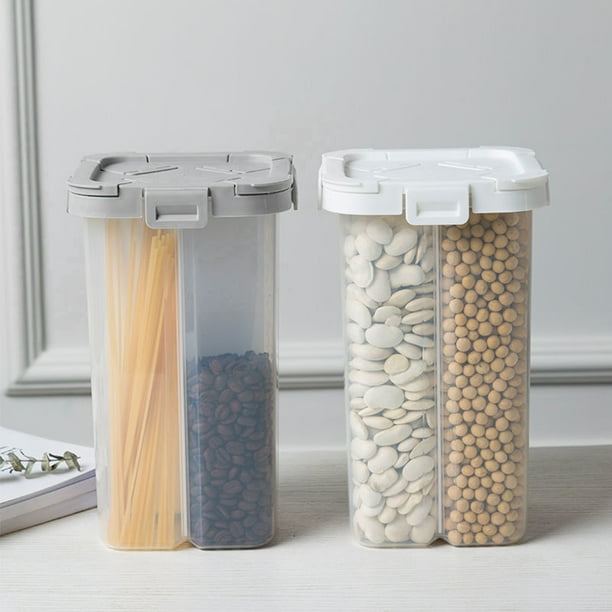Recipiente Hermético Transparente para Cereales, 2,3 L, Cuatro Compartimentos, Mantiene La Comida Fresca, Ahorra Espacio, Organizador Versátil, Gris, Polipropileno, Taza Medidora.
