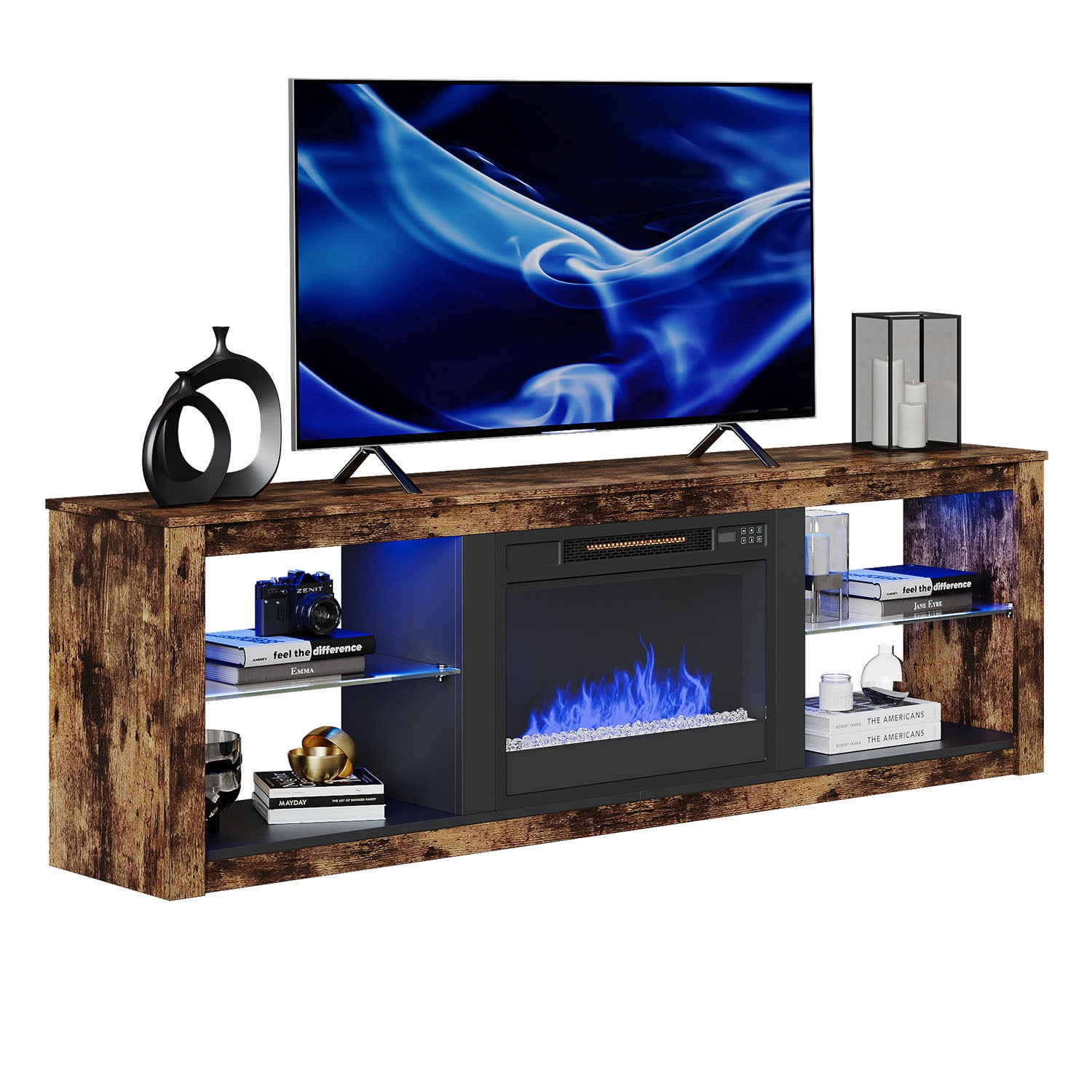 Bestier Fireplace TV Stand with LED Lights for TVs up to 75",Rustic