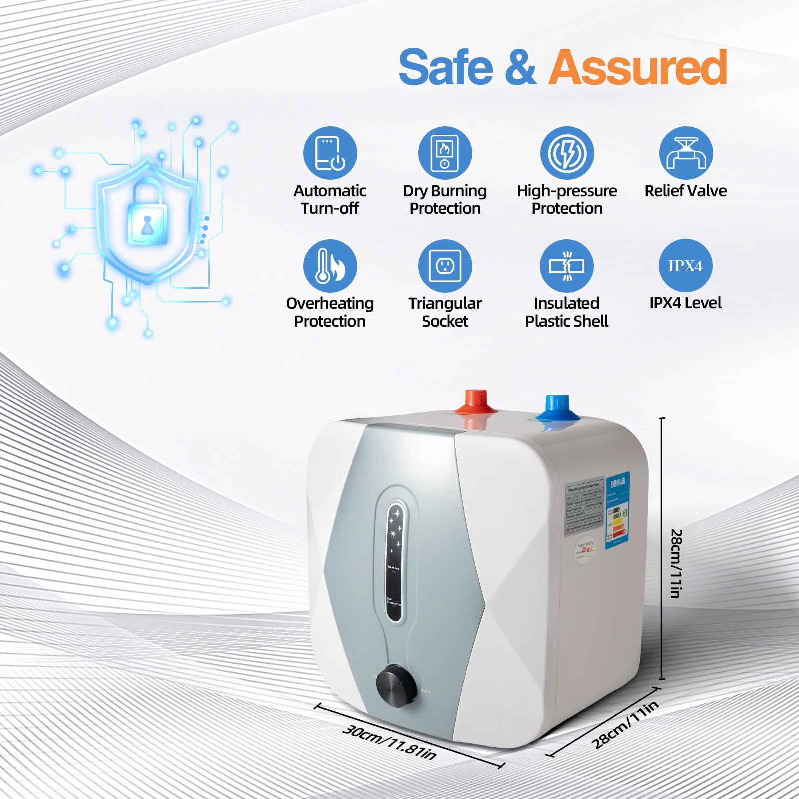 Anqidi 1500W 8L Electric Water Heater Under Sink Instant Hot Water Heater 2.1 Gallon Mini Small Water Tank Boiler IPX4 Waterproof Kitchen Bathroom Shower Heating Tank 110V