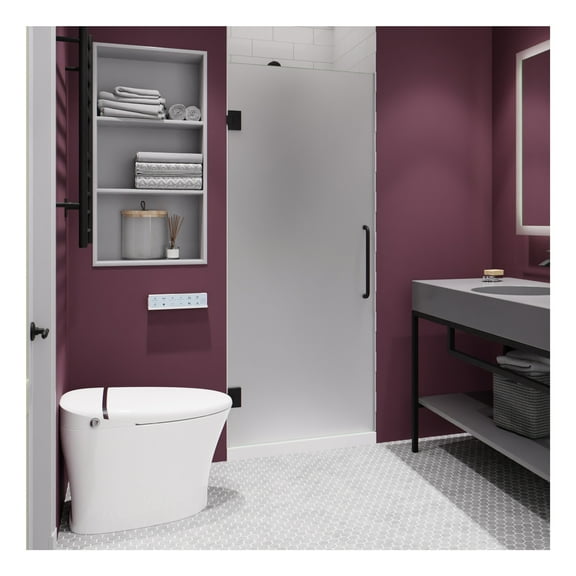 Fellow Series 24 in. by 70 in. Frameless Hinged Shower Door in Matte Black with Frosted Tempered Glass and Tsunami Guard