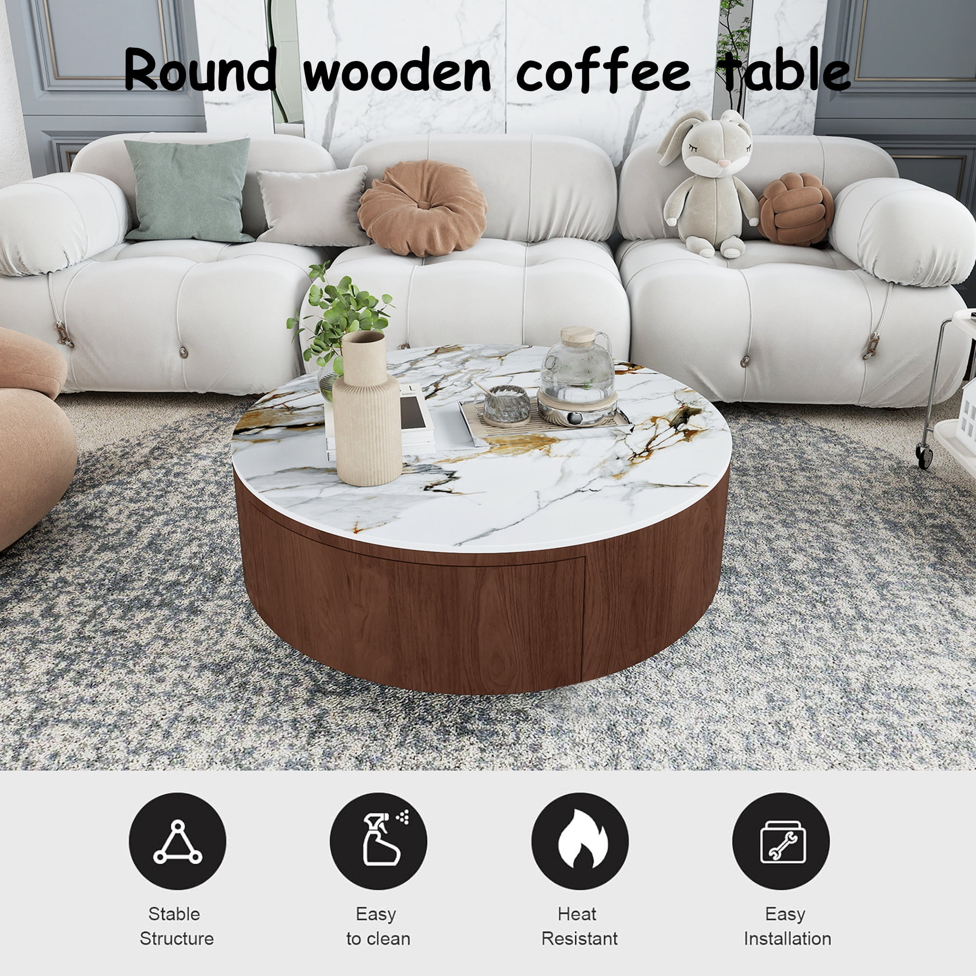 MDQMD 35" Round Faux Marble Coffee Table with 2 Silent-Close Drawers & Stainless Steel Legs - Modern Walnut Storage Center Table for Living Room, White Luxury Sturdy Design
