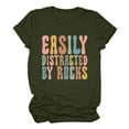 thumbnail image 3 of YHAJDS Women's Short Sleeve Tops Easily Distracted By Rocks Letter Print Round Neck Loose Tee, 3 of 7