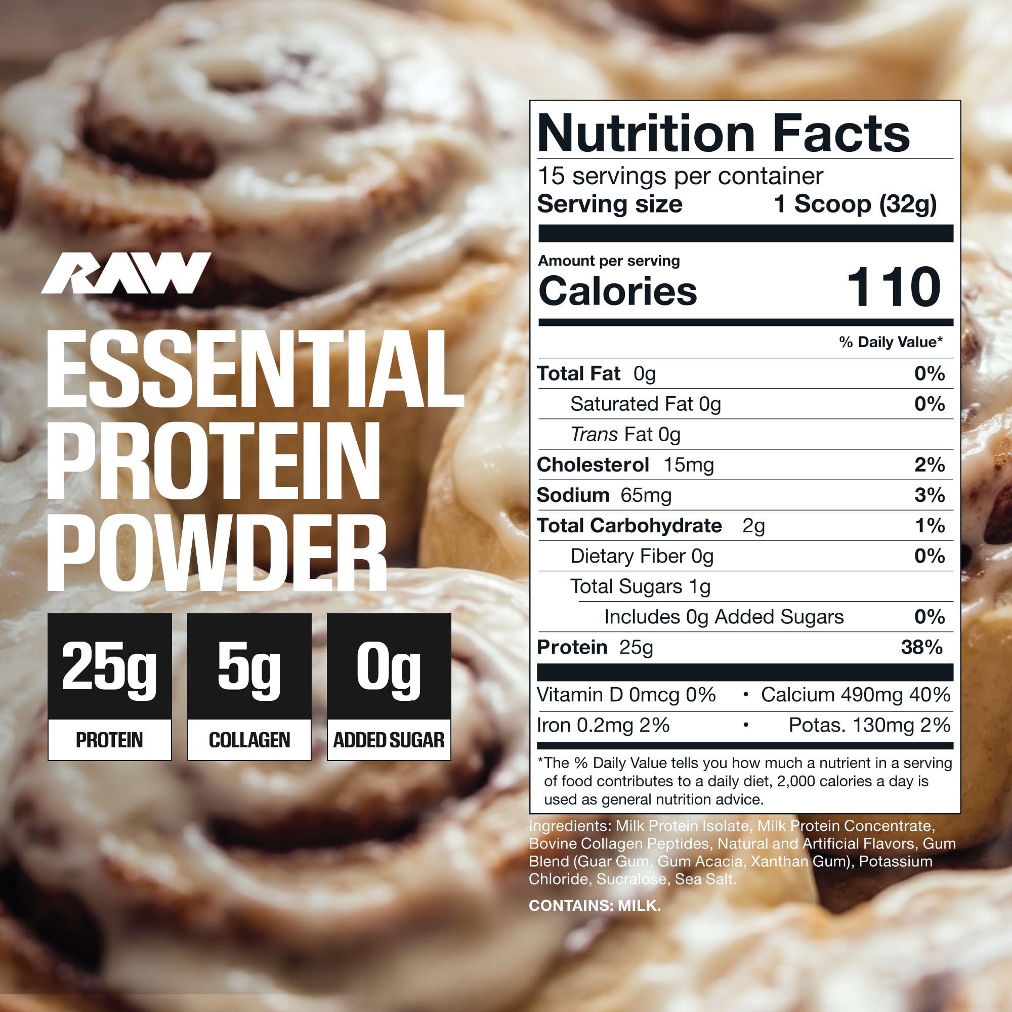 RAW Nutrition Essential Protein Powder, 25g Protein, Cinnamon Bun , 15 Servings