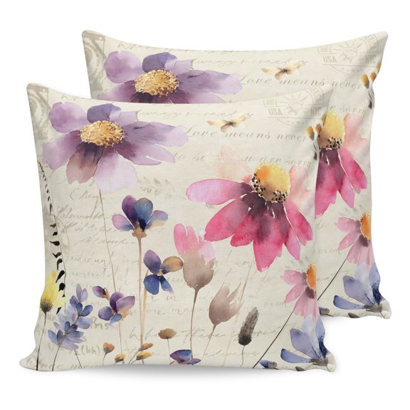 16x16 Pillow Covers Set of 2, Purple Spring Floral Square Throw Pillow Covers for Couch/Sofa/Living Room, Vintage Flowers Farmhouse Watercolor Decorative Soft Pillowcases for Couch Throw Pillows