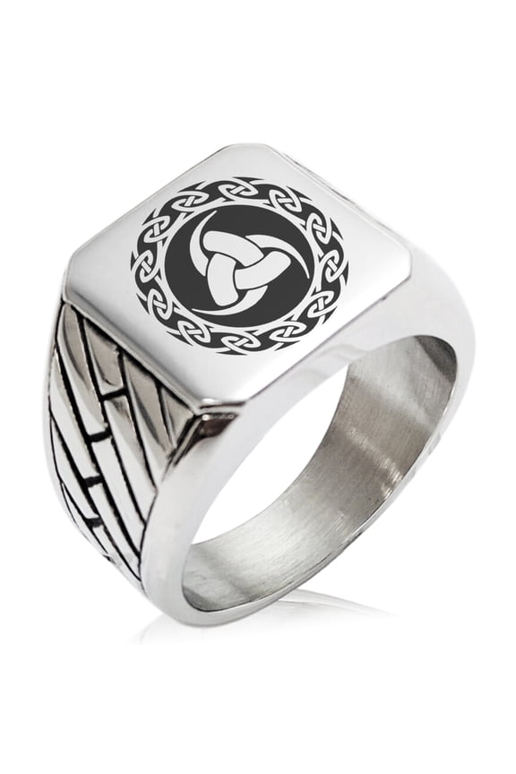 Stainless Steel Triskelion Triple Horn of Odin Viking Geometric Pattern Biker Style Polished Ring