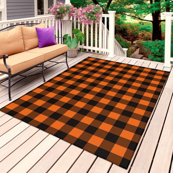 Black Orange Plaid Outdoor Rug 5x7 Ft, Non Slip Washable Area Rug, Farmhouse Buffalo Check Gingham Patio Rugs Carpet Runner, Large Floor Mat for Indoor/Outdoor Deck Porch Camping