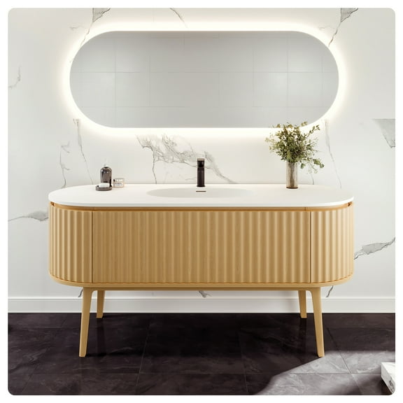 Eviva Haven 64"W x 22"D Oak Freestanding Bathroom Vanity with White Solid Surface Integrated Sink Top