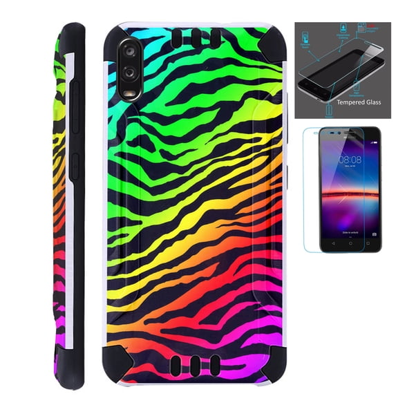 WORLD ACC Combat Guard Phone Case Compatible with TCL A2X + Screen Protector Brushed Metal Texture Hybrid Cover (Rainbow Zebra)
