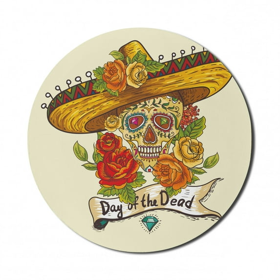 Sugar Skull Mouse Pad for Computers, Skull in a Sombrero Traditional Mexican Culture Theme Roses Day of the Dead, Round Non-Slip Thick Rubber Modern Mousepad, 8" Round, Multicolor, by Ambesonne