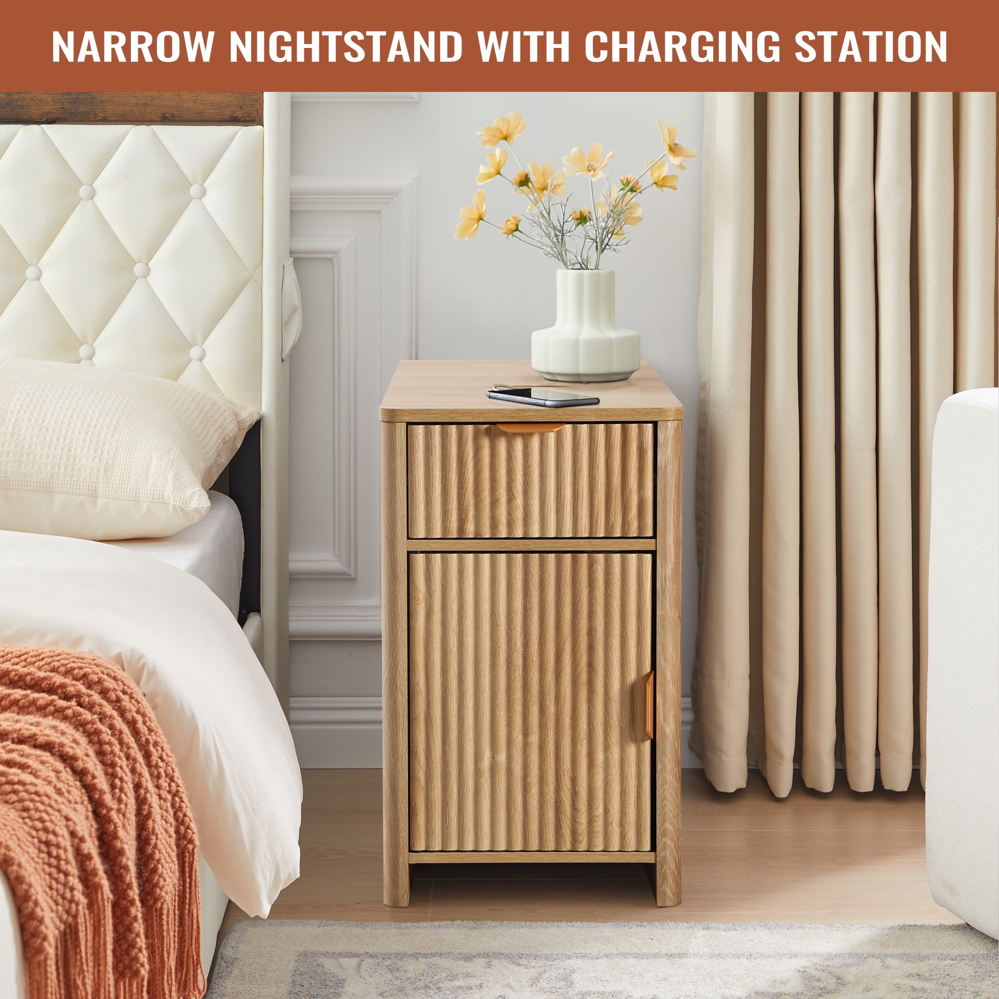 YOCWO Fluted Narrow Nightstand with Charging Station for Bedroom, Wood End Table with Drawer and Door for Living Room, Beige