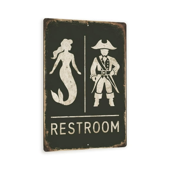 Vintage-Style "Restroom" Sign - Humorous Mermaid and Pirate Wall Decor - Rustic Distressed Design
