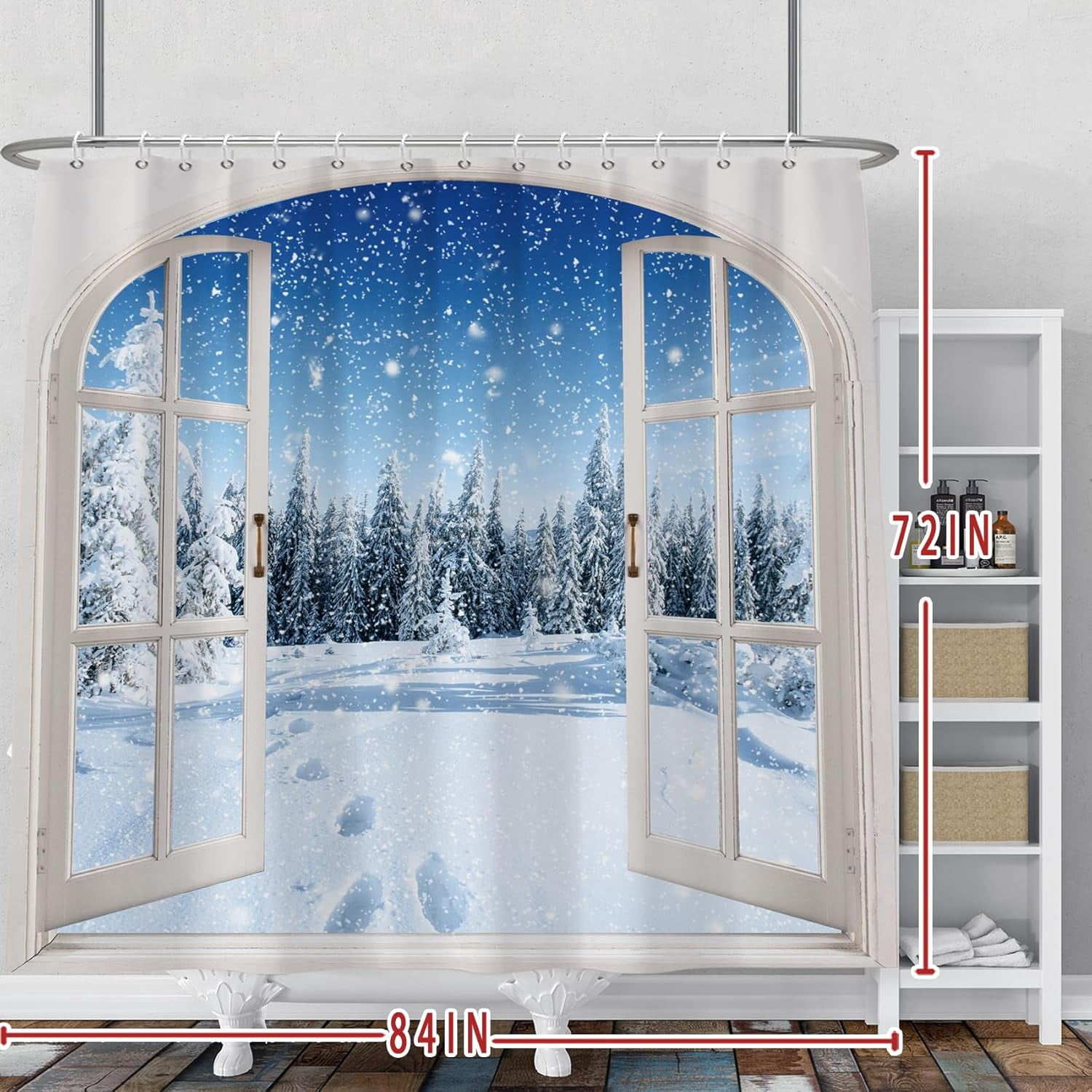 Winter Window View Shower Curtain Sets Natural Scenery Snowflake Forest Pine Trees Decorative Christmas Tree Shower Curtains with Hooks for Waterproof Polyester Bath Bathroom 84x72 Inches