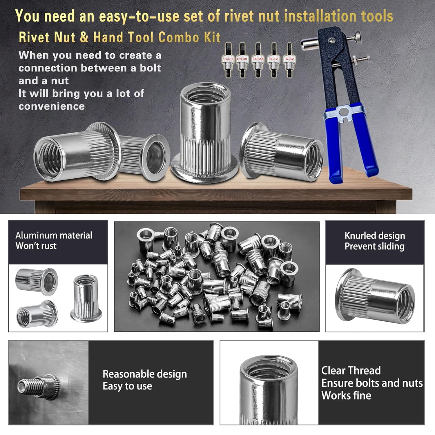 SAE Pressure Rivet Nut Tool Kit 530pcs, inch Rivet Nut Combination （5/16-18、1/4-20、10-24、8-32、6-32）,Suitable for Automotive, and Industrial Applications (SAE 530pcs Aluminum Rivet Nut)
