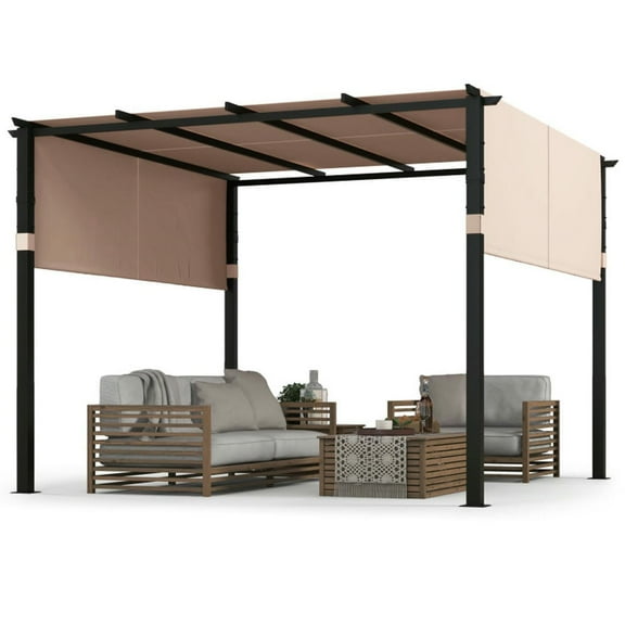 Spaco 10 x 10 ft Flat Top Pergola with Retractable Canopy, Pergola with 2 Pieces Adjustable Canopy for Garden, Porch and Backyard, Beige