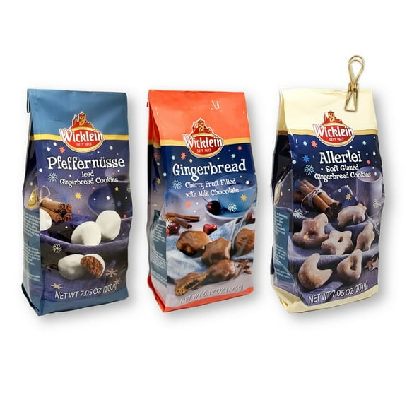 Wicklein Holiday Cookies Trio Pack: Pfeffernusse, Gingerbread, and Allerlei 7.05 Oz. Each with 1 Vintage Design Metallic Wire Bag Clip (4-Piece Set)