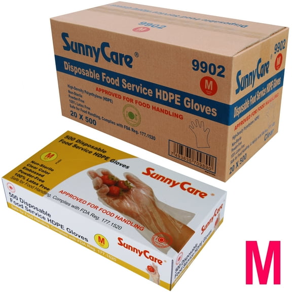 10000pcs Sunnycare Poly HDPE Food Handling Service Gloves (Latex Vinyl Free) 500pcs/Box;20Boxes/Case Size:    Medium