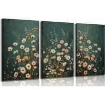 Wildflowers flower Canvas Wall Art Emerald Green Wall Decor Pictures Botanical Landscape Painting Wildflower Field Prints Modern Farmhouse Floral artwork for bedroom bathroom（Only canvas）