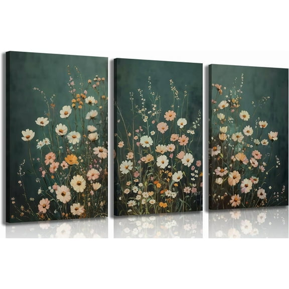Wildflowers flower Canvas Wall Art Emerald Green Wall Decor Pictures Botanical Landscape Painting Wildflower Field Prints Modern Farmhouse Floral artwork for bedroom bathroom（Only canvas）