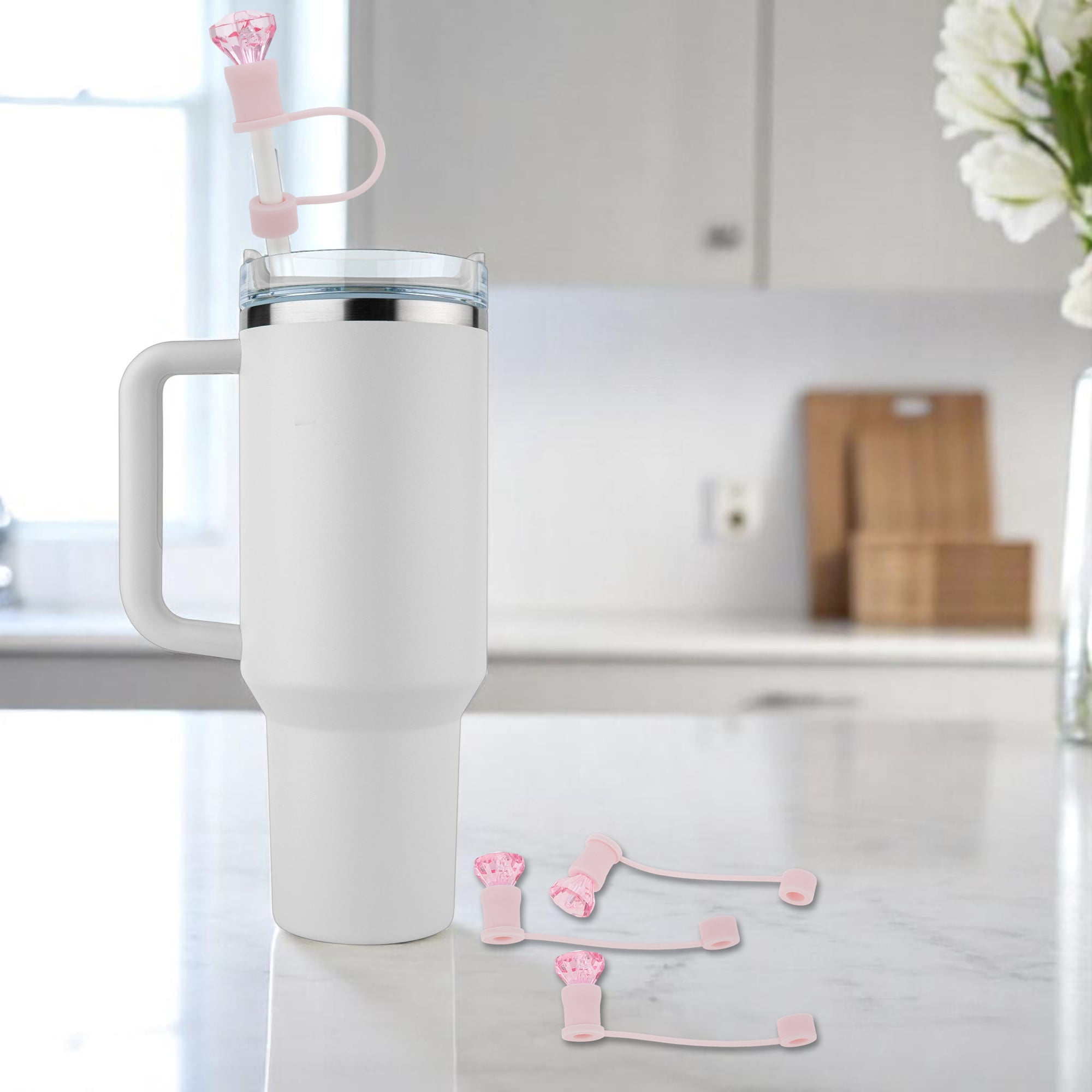 Unique Bargains 4Pcs Gemstone Silicone Straw Cover Caps For Drinkware Pink