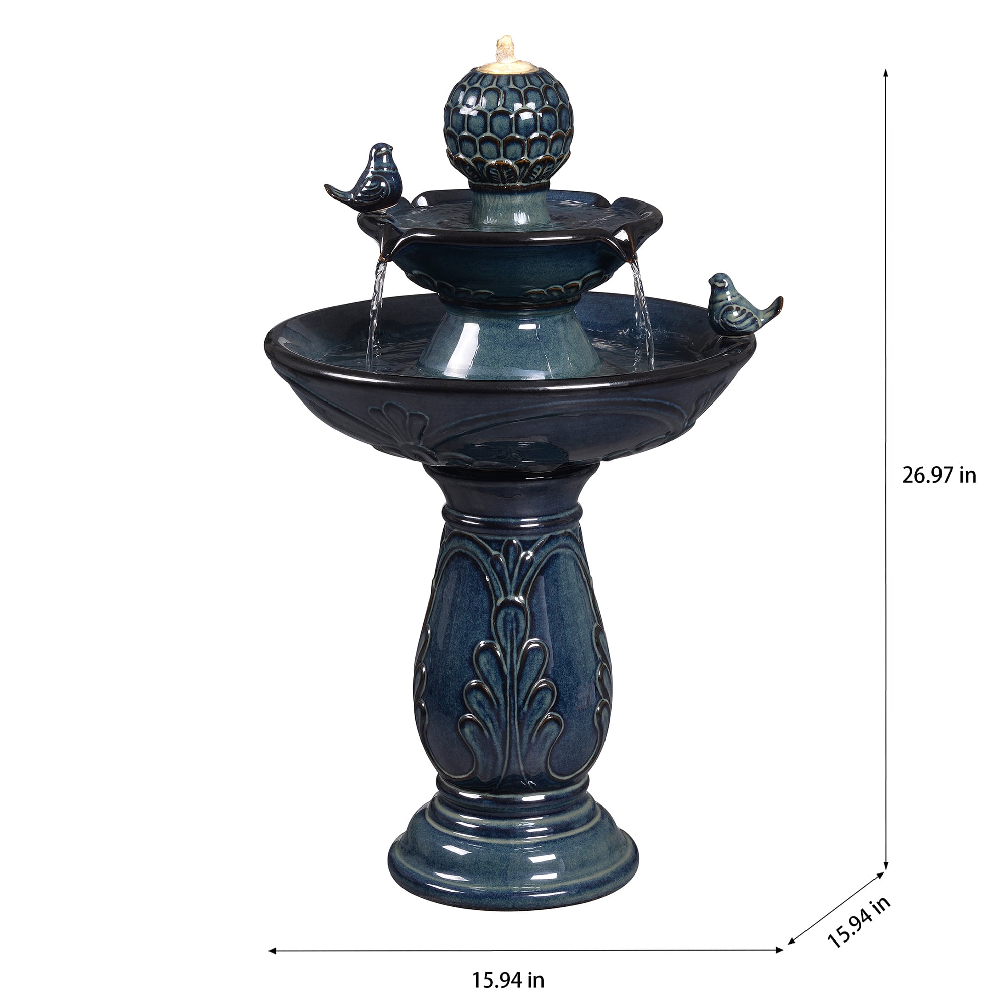 2-Tier Blue Ceramic Bird Bath Fountain, Decorative Water Fountain with LED Lights and Quiet Pump, Indoor Outdoor Water Feature for Patio, Garden, Deck, Balcony, Office and Home Décor