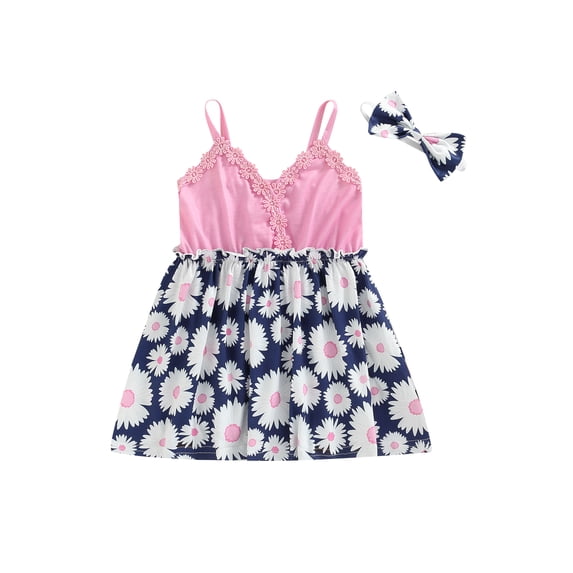 Franhais Baby Girls Summer Dress with Bow Headband, Daisy Sling Short One-Piece, Toddler Girls High Waist Dress