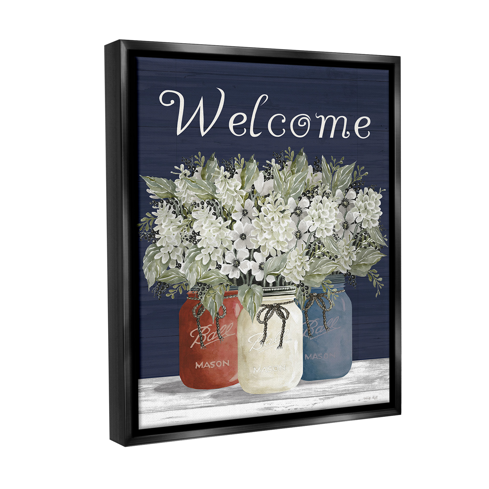 Stupell Industries Welcome with Country Herbs Botanical & Floral Painting Black Floater Framed Canvas Art Print Wall Art, 25 x 31