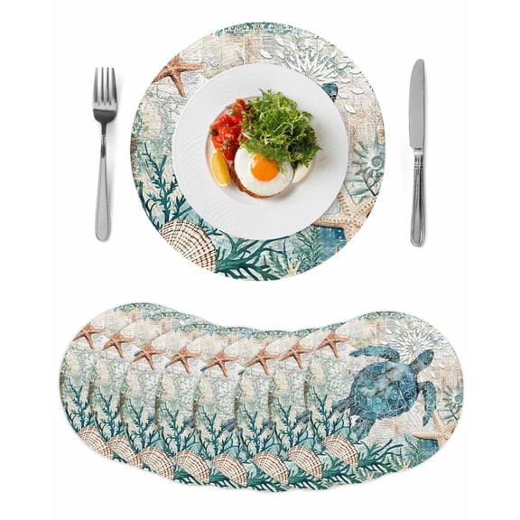 Teal Coastal Turtle Round 13 Inch Placemats Set of 8, Vintage Summer Beach Nautical Coral HeatResistant Non Slip Place Mats for Dining Table, Wipeable Braided Kitchen Table Mats for Housewarming