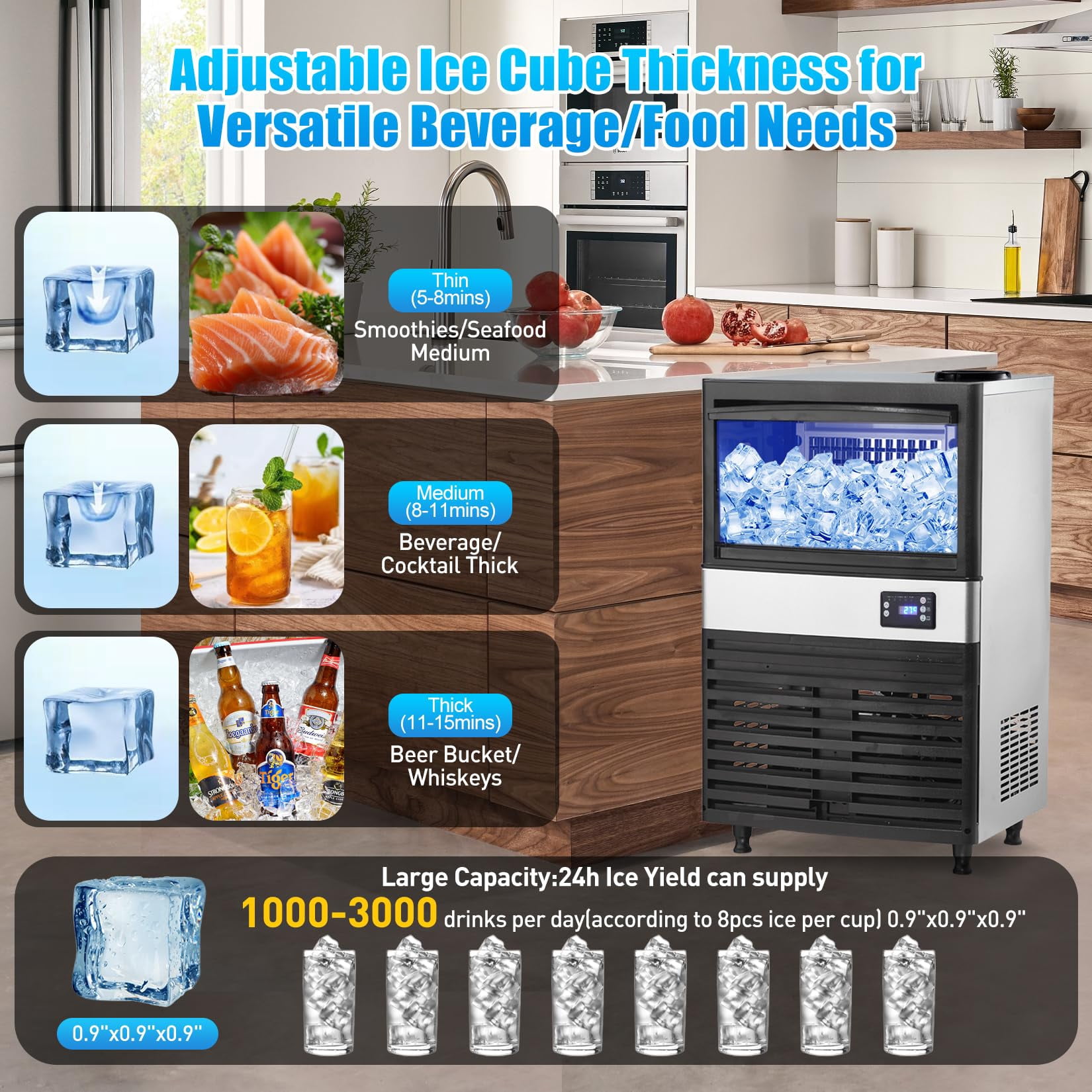 EastVita Multi-style Commercial Ice Maker Machine, with Storage Bin, Clear Ice Cubes, Counter Freestanding Ice Machine for Home/Party/Bar/Restaurant
