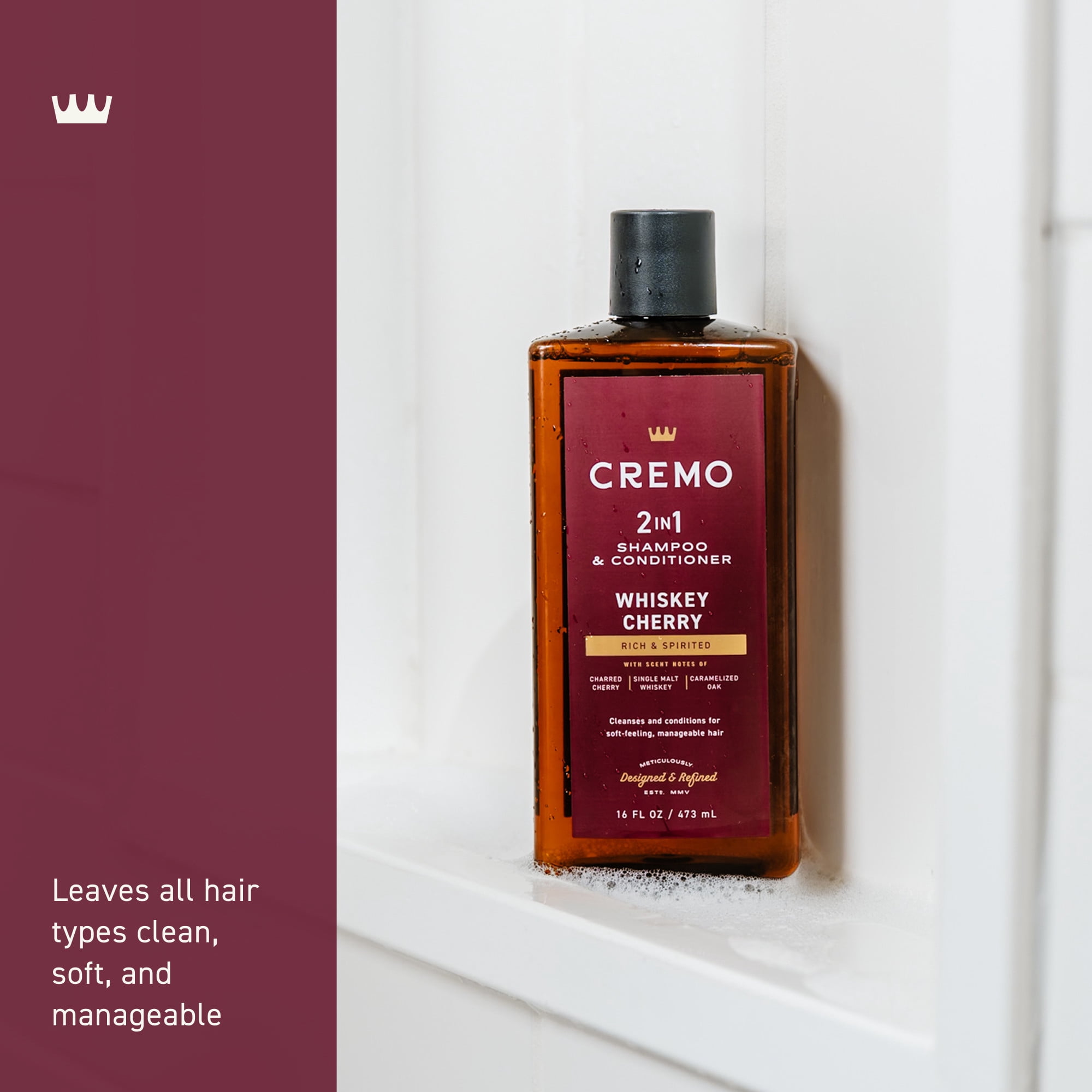 Cremo 2-in-1 Men's Shampoo & Conditioner, Whiskey Cherry Scent, 16 fl oz