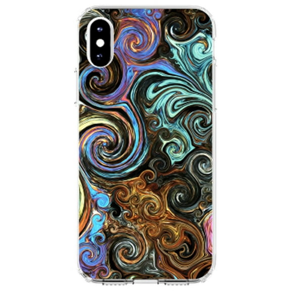 DistinctInk Clear Shockproof Hybrid Case for iPhone XS Max (6.5" Screen) - TPU Bumper, Acrylic Back, Tempered Glass Screen Protector - Gold Brown Black Blue Abstract Swirls - Abstract Swirls