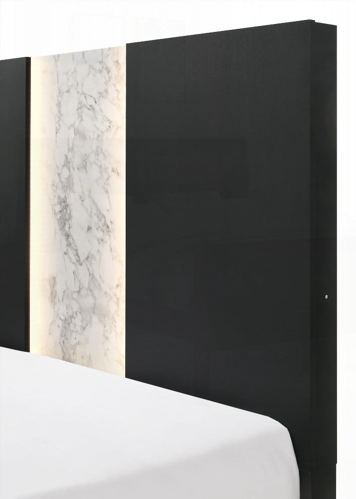 King Size Wooden Platform Bed Frame with Black Finish and LED Light Headboard for Bedroom